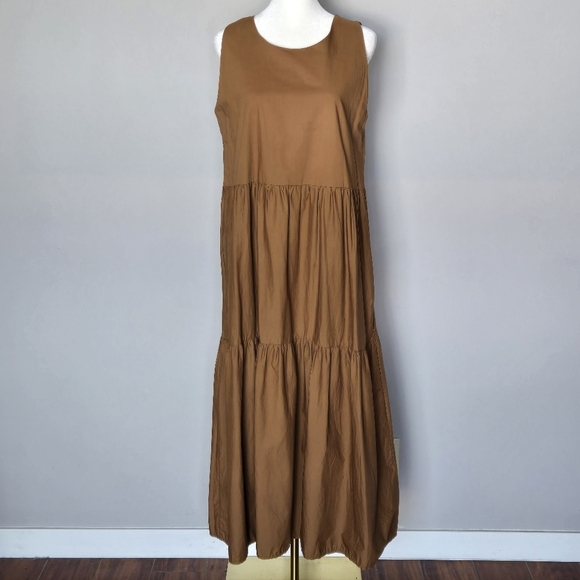 Margot Paris Tiered Sleeveless Midi Dress Brown Poplin Cotton Pockets Italy - Picture 14 of 15